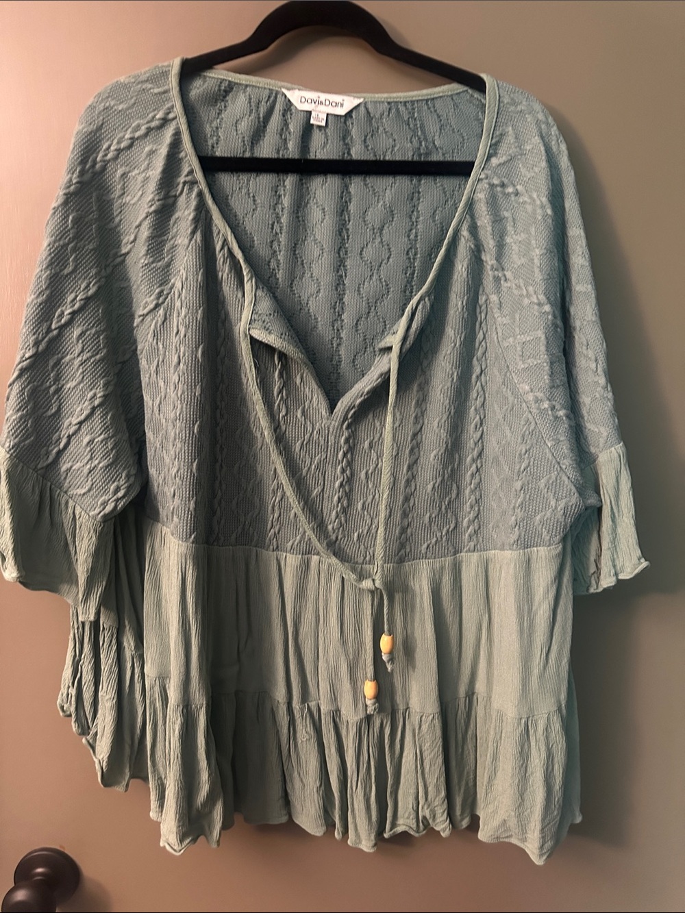 DAVI & DANI Light Sage Peasant Tunic with Tassel Ties